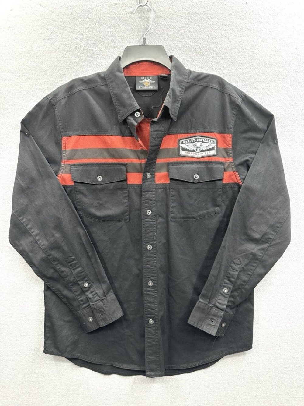 Harley Davidson Mens Size L Chest Stripe Long Sleeve Woven Shirt Black Logo